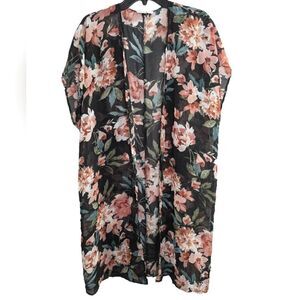 Paris to Jena Black pink green floral open front sheer vest kimono coverup L